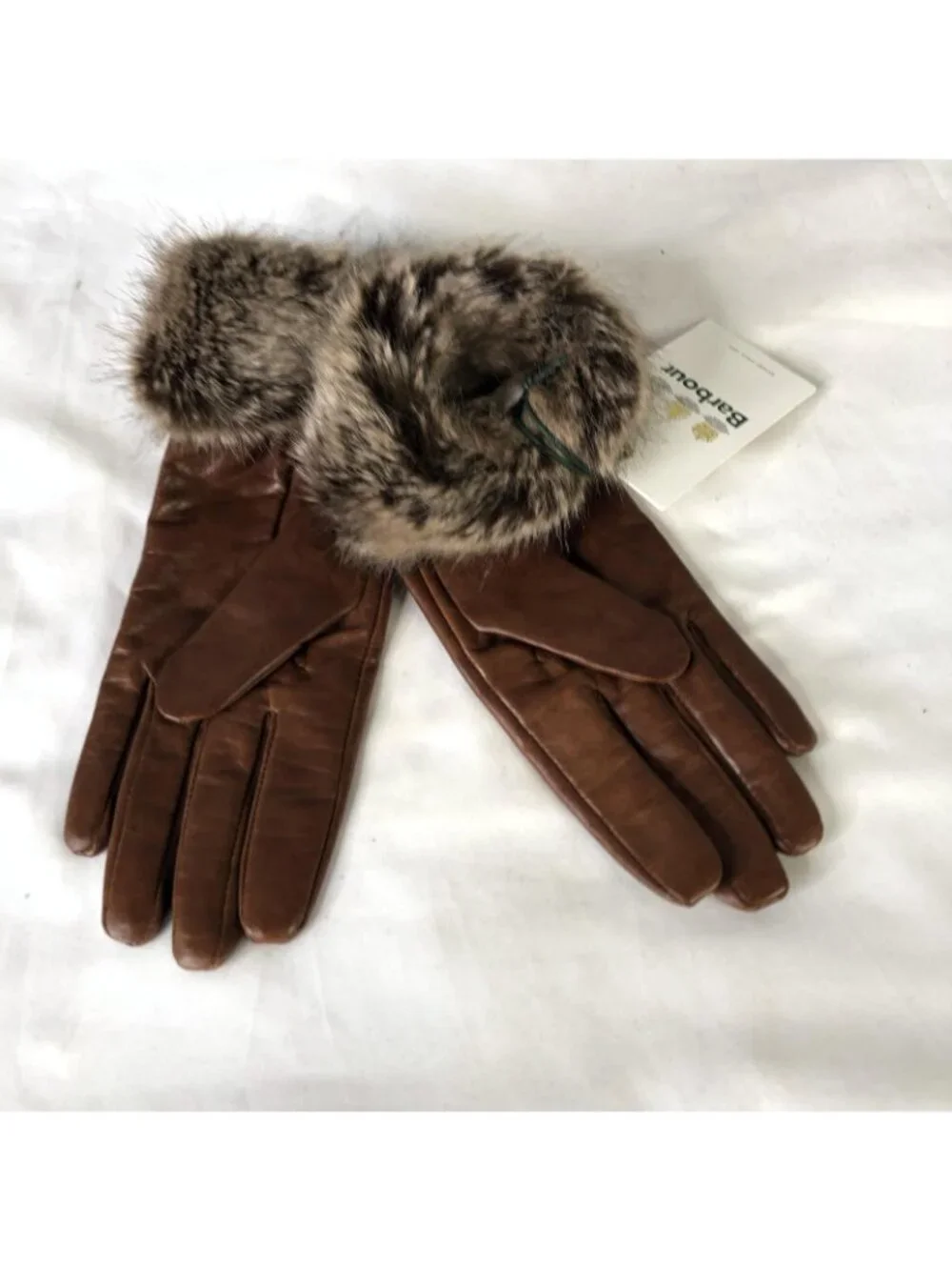 Barbour Gloves Womens M Brown Leather Faux Fur Cuff Lined Winter Warm Insulated